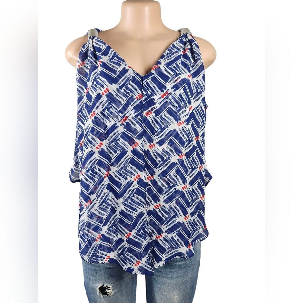 Valerie Stevens Sleeveless Blouse Medium Blue Abstract Print Silver Accent